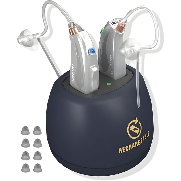 Слухов Апарат MARCINO® Audiva, 2 Бр., Удължена Автономност 25 Часа +, Усилвател на Звук, Шумопотискане, 140 dB, Функция Boost За Средна/Тежка Загуба на Слуха, 8 Адаптера за Уши, Бързо Безжично Зареждане, Защитна Кутия