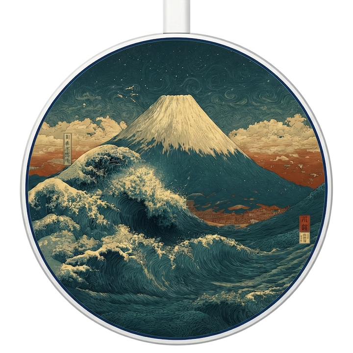 Incarcator Wireless Ultra-Subtire 15W – Design Original „Ukiyo-e”, Compatibil cu iPhone/Samsung/Huawei, Control Inteligent al Temperaturii, Siguranta Multipla