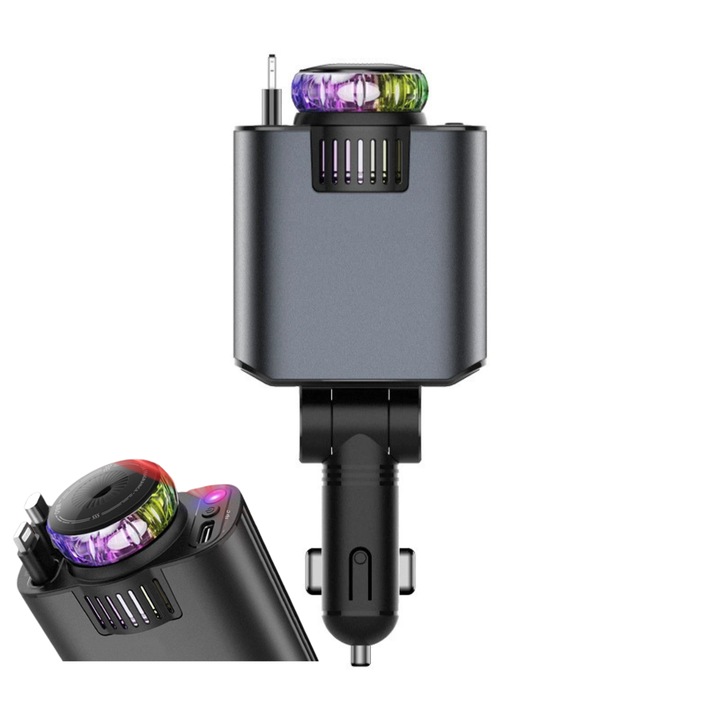 Incarcator Auto Multifunctional EMPrime "Cerul Instelat" - Type-C PD 3.0 45W, Incarcare Rapida, Aromaterapie, Cablu Retractabil 80cm, Ventilator, Design Premium, Protectie Suprasarcina, Compatibilitate Universala, Ajustabil 180 Grade