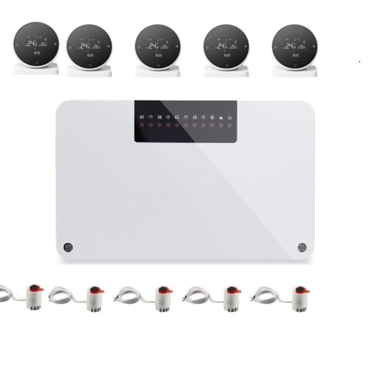 Sistem automatizare incalzire in pardoseala wireless OCVITEH ® OVT-BK05 controlat prin internet centru de comanda incalzire pardoseala, 5 termostate inteligente wireless OCVITEH ® OVT-R07-NR controlate prin Internet, 5 actuatoare electrice