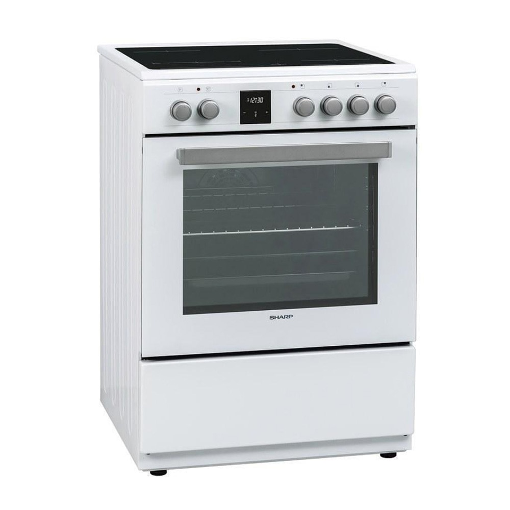 Aragaz electric Sharp KF-76FVDT22WMK-EU, Cuptor multifunctional, Plita vitroceramica 4 zone, Timer digital, 60 cm, 65 l, Clasa A, Alb