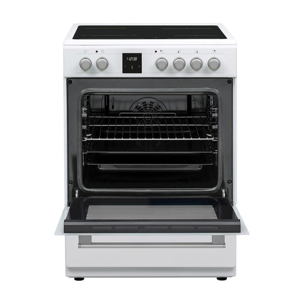 Aragaz electric Sharp KF-76FVDT22WMK-EU, Cuptor multifunctional, Plita vitroceramica 4 zone, Timer digital, 60 cm, 65 l, Clasa A, Alb