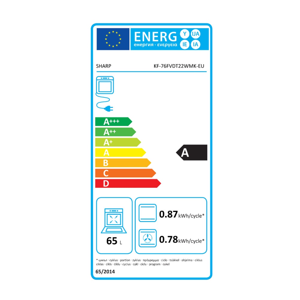 Aragaz electric Sharp KF-76FVDT22WMK-EU, Cuptor multifunctional, Plita vitroceramica 4 zone, Timer digital, 60 cm, 65 l, Clasa A, Alb