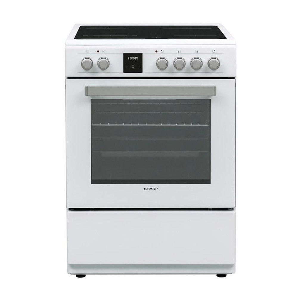Aragaz electric Sharp KF-76FVDT22WMK-EU, Cuptor multifunctional, Plita vitroceramica 4 zone, Timer digital, 60 cm, 65 l, Clasa A, Alb