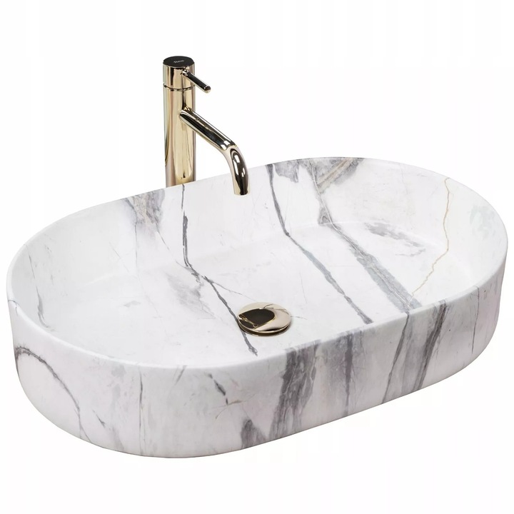 Chiuveta de baie, blat, ovala, marmura, 60x38, alb