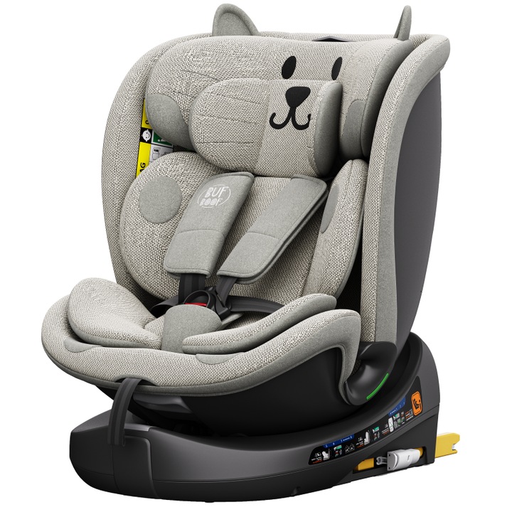 Столче за кола B-Joy DELUXE BUF BOOF iSIZE LightGreyCAT с Isofix, позиция за сън 155 градуса, въртящо се на 360 градуса, 40-150 см