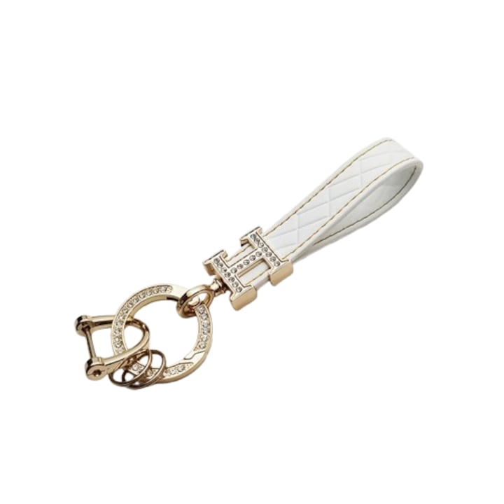 Breloc auto cu pandantiv H si strasuri, din sfoara de piele, anti-pierdere, Alb