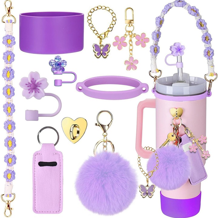 Set 8 accesorii pentru Stanley Cup, BOMSTOM, Anti-soc, Anti-cadere, Husa de Protectie si Transport super rezistenta, Silicon, Violet