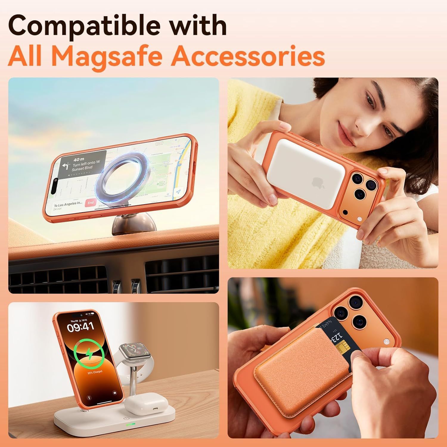 Husa de Protectie pentru iPhone 17 Pro Max, MagSafe, Suport Magnetic Rotativ 360°, Buton Control Camera, Incarcare Wireless, Protectie Camera, TPU Transparent, Portocaliu