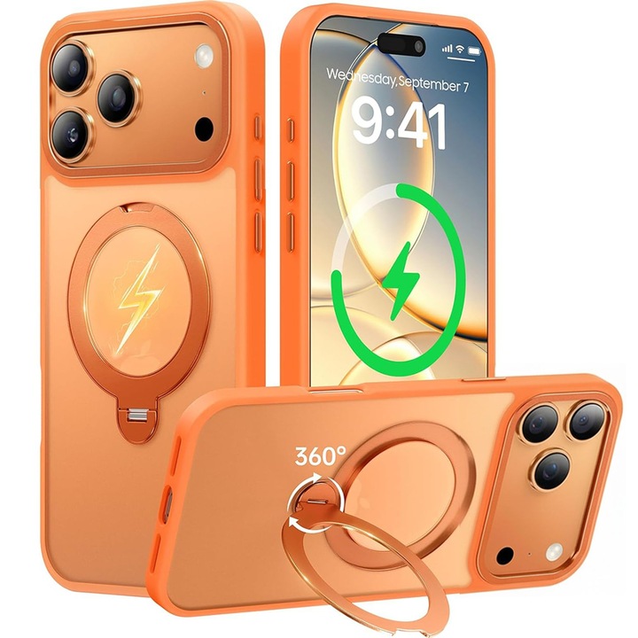 Husa pentru iPhone 17 Pro Max, Magnetic MagSafe, Suport Rotativ Magnetic 360, Portocaliu/Transparent