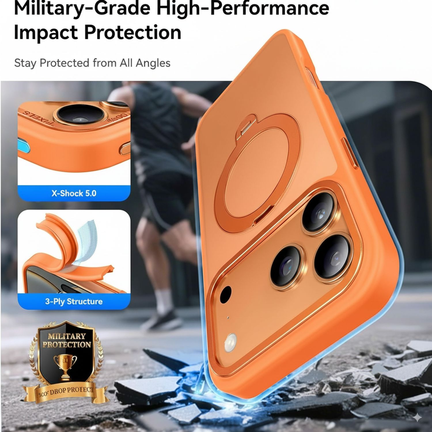 Husa de Protectie pentru iPhone 17 Pro Max, MagSafe, Suport Magnetic Rotativ 360°, Buton Control Camera, Incarcare Wireless, Protectie Camera, TPU Transparent, Portocaliu