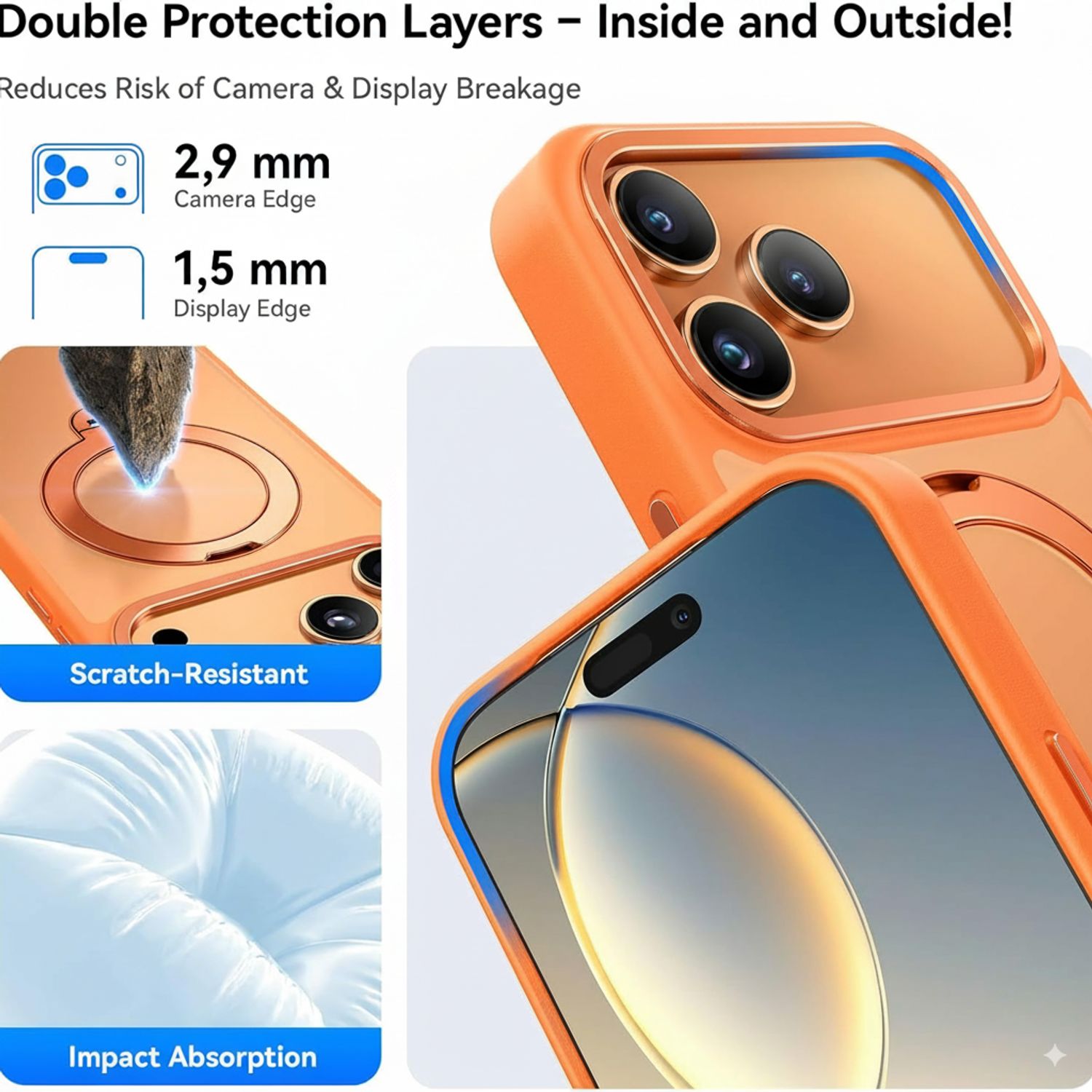 Husa de Protectie pentru iPhone 17 Pro Max, MagSafe, Suport Magnetic Rotativ 360°, Buton Control Camera, Incarcare Wireless, Protectie Camera, TPU Transparent, Portocaliu