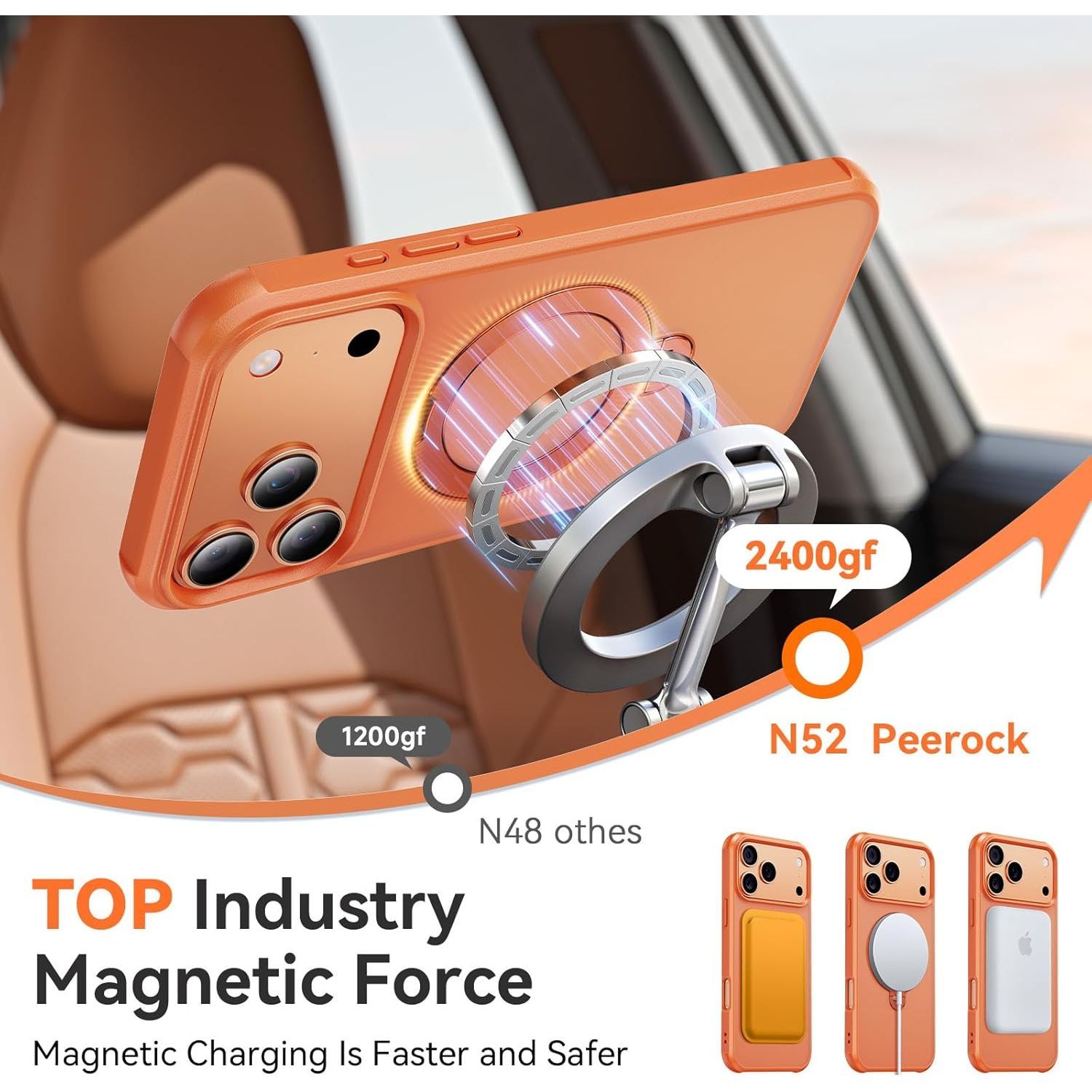 Husa de Protectie pentru iPhone 17 Pro Max, MagSafe, Suport Magnetic Rotativ 360°, Buton Control Camera, Incarcare Wireless, Protectie Camera, TPU Transparent, Portocaliu
