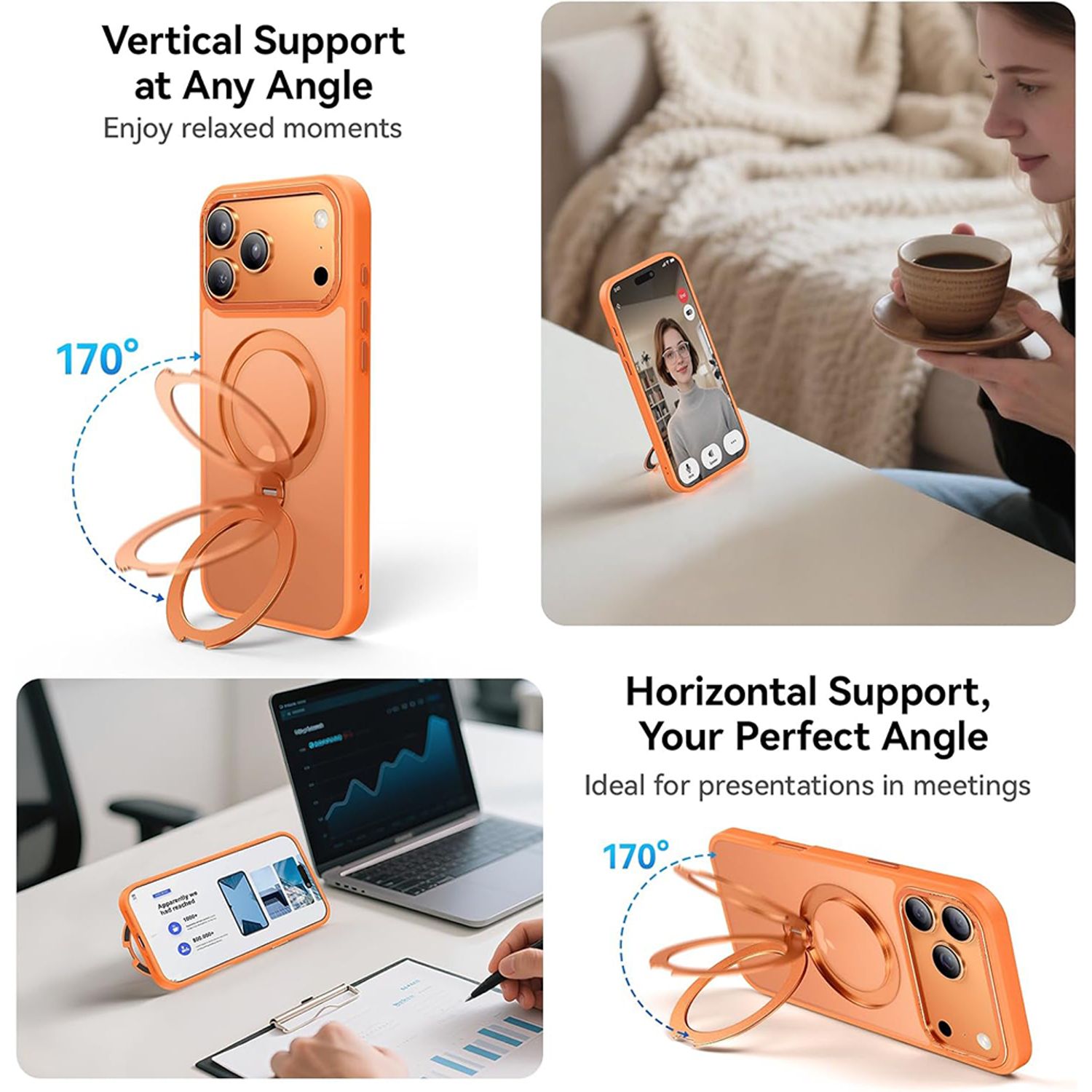 Husa de Protectie pentru iPhone 17 Pro Max, MagSafe, Suport Magnetic Rotativ 360°, Buton Control Camera, Incarcare Wireless, Protectie Camera, TPU Transparent, Portocaliu