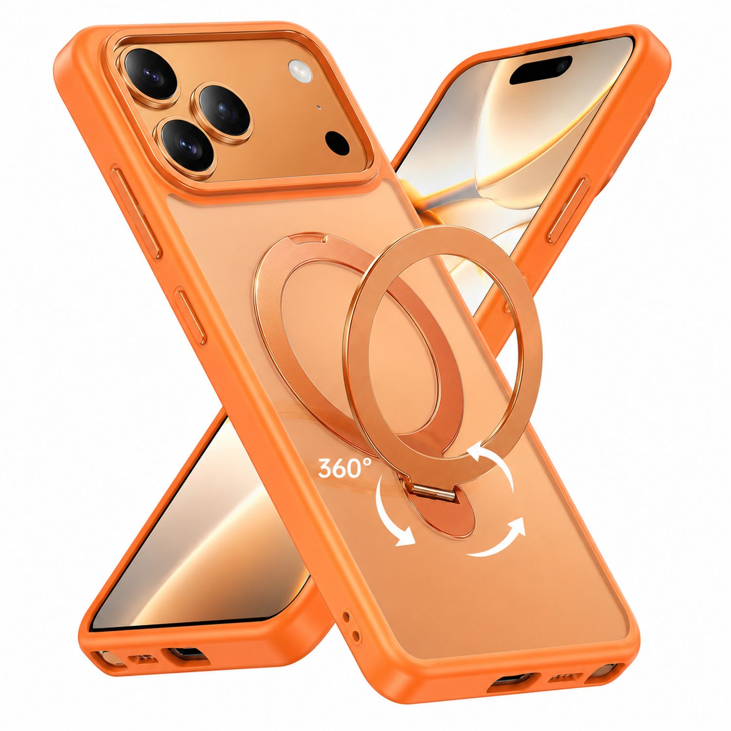Husa de Protectie pentru iPhone 17 Pro Max, MagSafe, Suport Magnetic Rotativ 360°, Buton Control Camera, Incarcare Wireless, Protectie Camera, TPU Transparent, Portocaliu