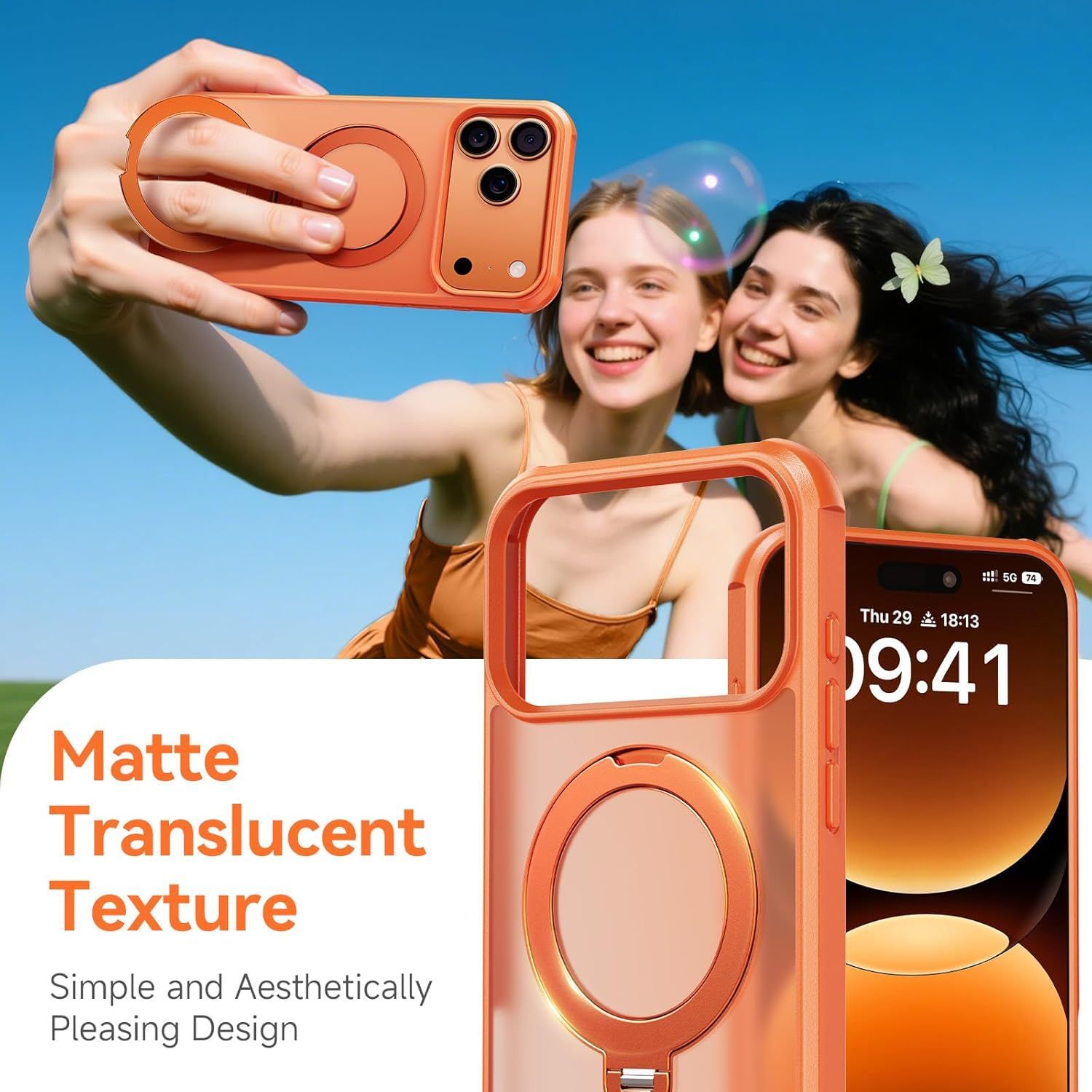 Husa de Protectie pentru iPhone 17 Pro Max, MagSafe, Suport Magnetic Rotativ 360°, Buton Control Camera, Incarcare Wireless, Protectie Camera, TPU Transparent, Portocaliu