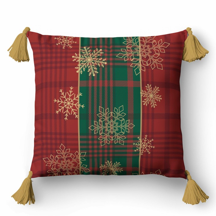 Fata de perna Detexpol Christmas Deco, carouri rosii si verzi, fulgi de zapada aurii, 45x45 cm