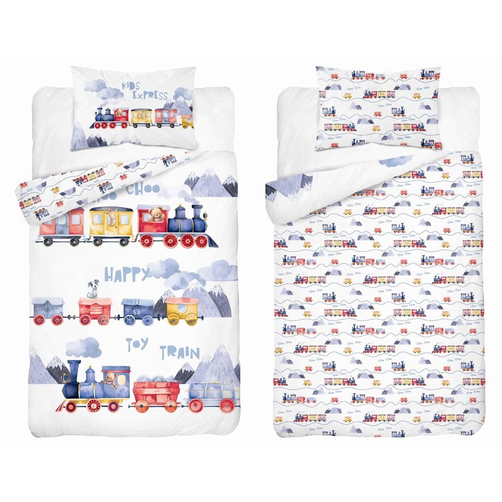 Комплект спално бельо за кошара 90x120 Happy Train, памук, модел с цветни влакчета