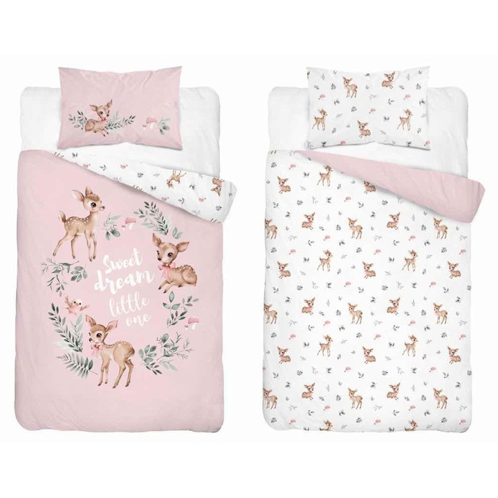 Set lenjerie de pat pentru copii, Detexpol, 90x120cm, roz, 100% bumbac, model cu sarenki