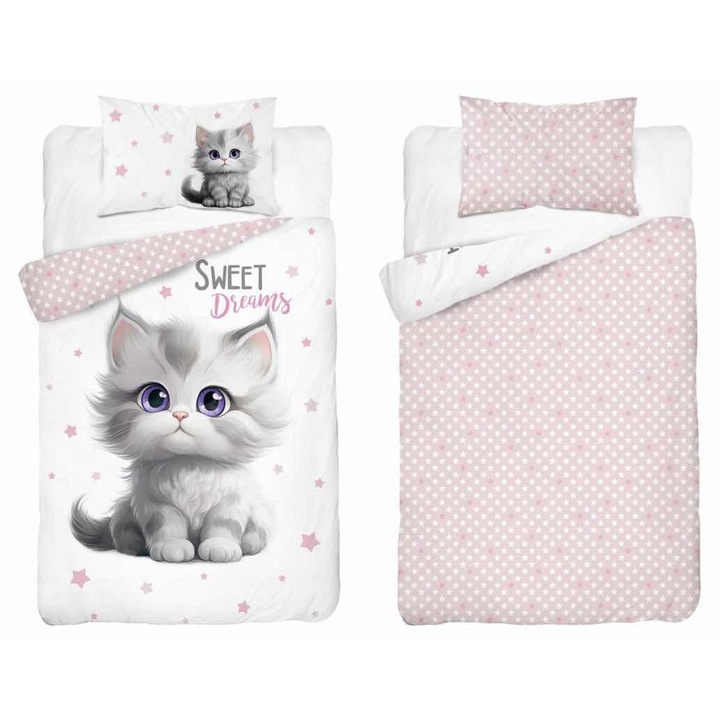 Gyermek ágynemű garnitúra, Detexpol, 90x120cm, cicás és rózsaszín dizájn, 100% pamut