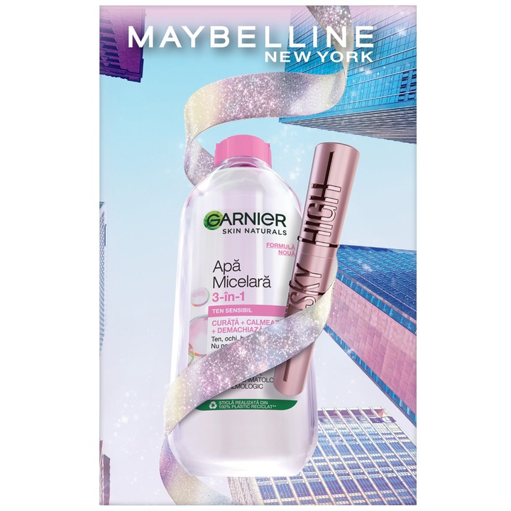 Set Cadou Ingrijire Ten si Makeup, Apa Micelara Garnier Skin Naturals pentru ten sensibil, 400 ml + Mascara pentru volum si alungire Maybelline Lash Sensational Sky High Black, 7.2 ml
