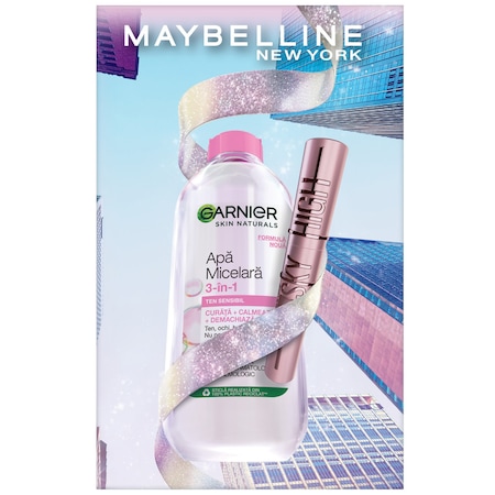Set Cadou Ingrijire Ten si Makeup, Apa Micelara Garnier Skin Naturals pentru ten sensibil, 400 ml + Mascara pentru volum si alungire Maybelline Lash Sensational Sky High Black, 7.2 ml