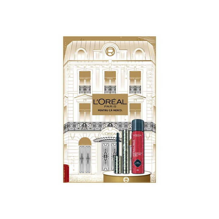 Set cadou machiaj L'Oreal Paris: Spray de fixare rezistent la transfer Infaillible 3-Second Setting Mist, 75 ml + Mascara pentru volum Panorama, nuanta Black, 9.9 ml