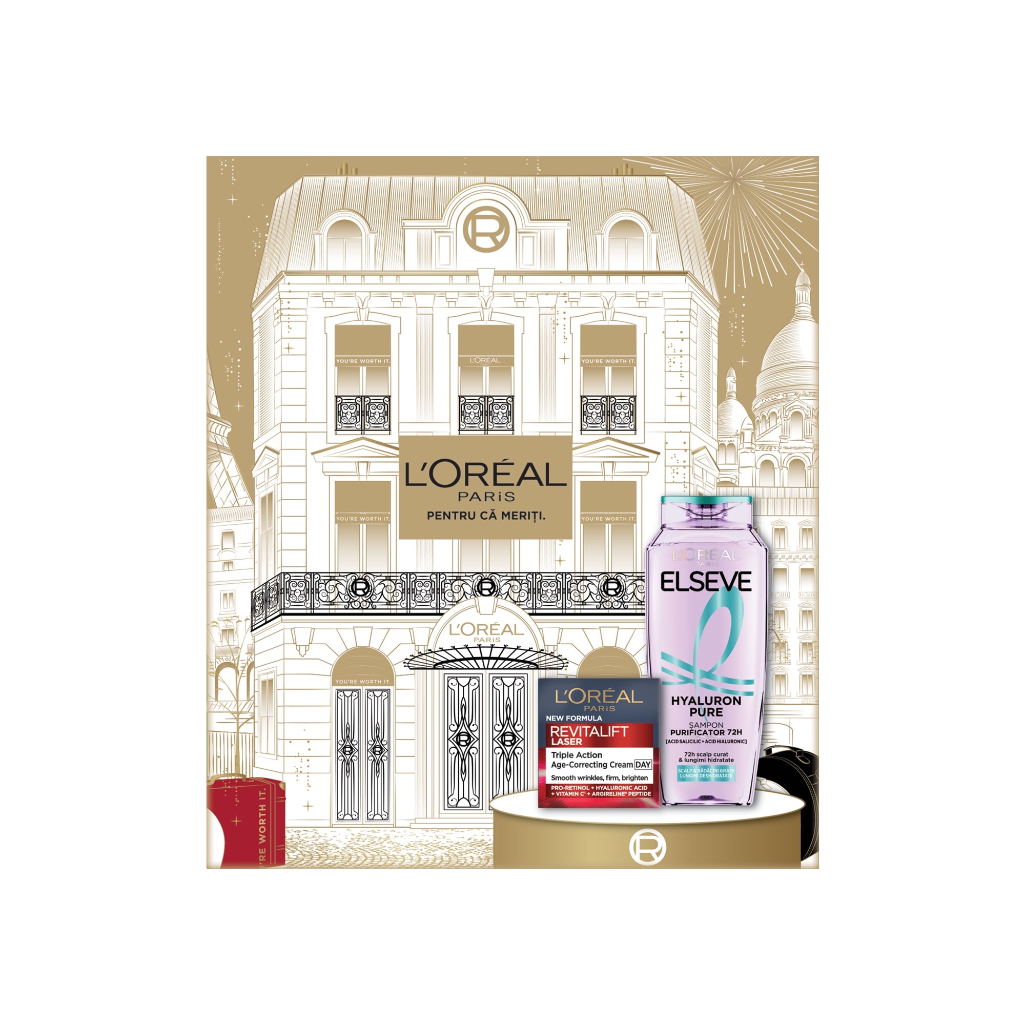 Set cadou ingrijire ten si corp L'Oreal Paris: Crema de zi antirid Revitalift Laser, 50 ml + Sampon purificator Elseve Hyaluron Pure pentru scalp si radacini grase si lungimi deshi