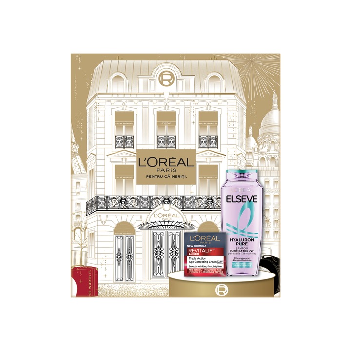 Set cadou ingrijire ten si corp L'Oreal Paris: Crema de zi antirid Revitalift Laser, 50 ml + Sampon purificator Elseve Hyaluron Pure pentru scalp si radacini grase si lungimi deshidratate, 400 ml