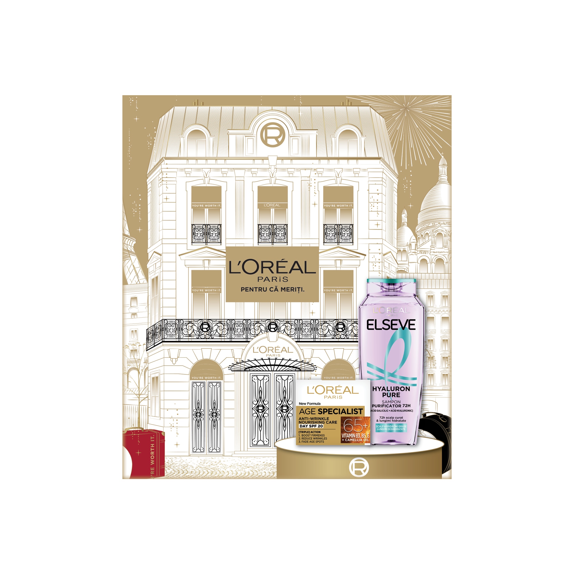 Set cadou ingrijire ten si corp L'Oreal Paris: Crema antirid hranitoare de zi Age Specialist 65+, 50 ml + Sampon purificator Elseve Hyaluron Pure pentru scalp si radacini grase si