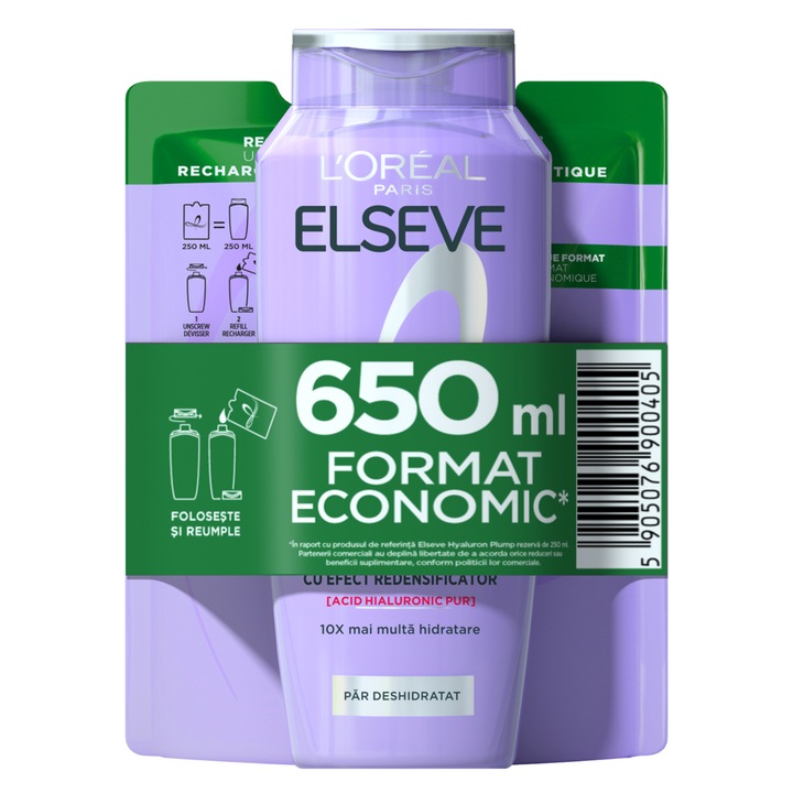 Set hidratant L'Oreal Paris Elseve Hyaluron Plump pentru par deshidratat, format economic: Sampon Hyaluron Plump, 400 ml + Rezerva ECO Sampon Hyaluron Plump, 250 ml