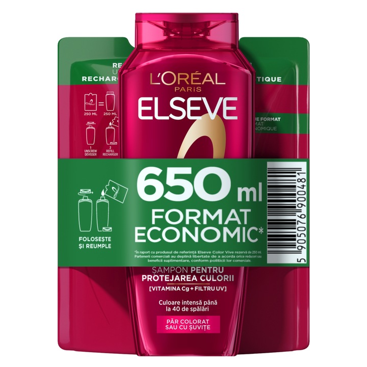 Set pentru protejarea culorii L'Oreal Paris Elseve Color Vive pentru par vopsit, format economic: Sampon Elseve Color Vive, 400 ml + Rezerva ECO Sampon Elseve Color Vive, 250 ml