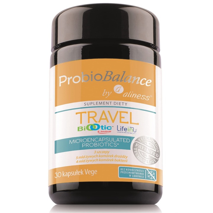 Aliness ProbioBalance TRAVEL set 30 capsule vegane, prebiotice, 40mg extract de Plantago Lanceolata, 500mg Saccharomyces Bualardi