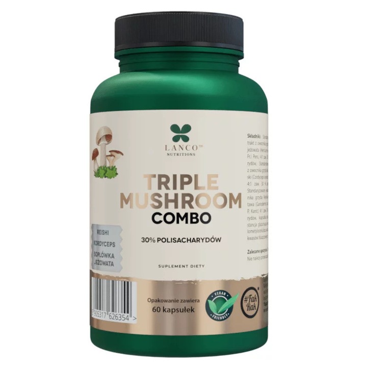 Combo de ciuperci triplu, Lanco Nutritions, Lions Mane, Reishi, Kordyceps, 60 capsule, vegan