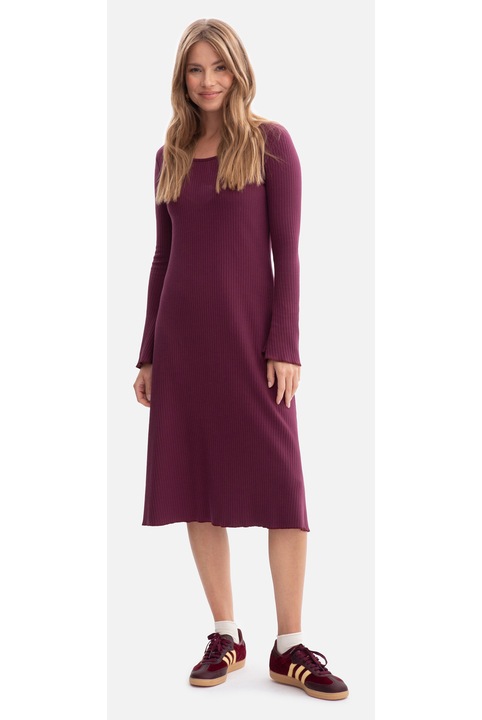 Миди рокля, B308 черна плетена на райета, ежедневна, кръгло деколте, без подплата, без джобове, дълги ръкави, Слива