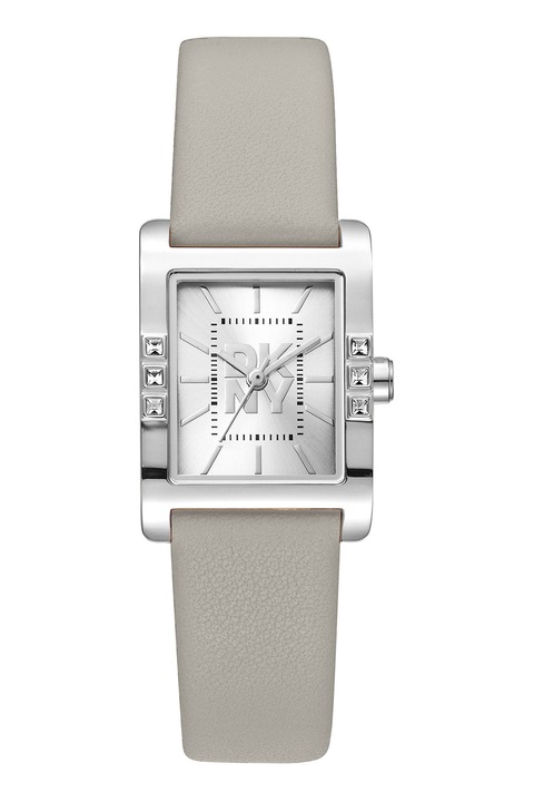 DKNY, Westside Glitz bőrszíjas szögletes karóra, Ezüstszín, Hamuszürke