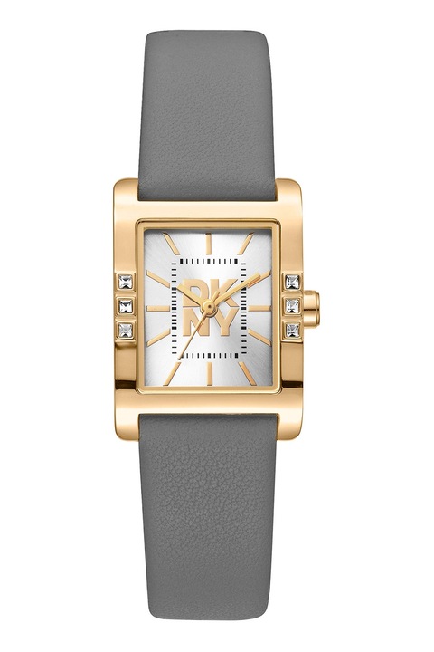 DKNY, Westside Glitz bőrszíjas szögletes karóra, Aranyszín, Sötétszürke