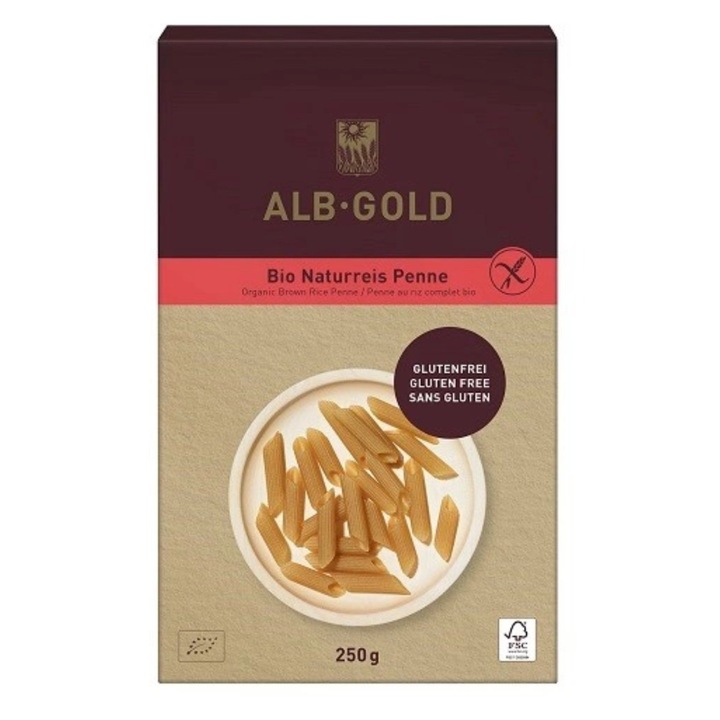 Penne fara gluten BIO Alb Gold, 250 g, din orez brun, preparare rapida, versatil in bucatarie