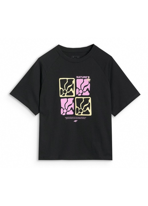 Női 4F túlméretezett póló, fekete pamut, Fekete, XS