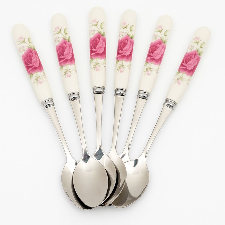 Set 6 linguri cu maner decorat cu flori, inox