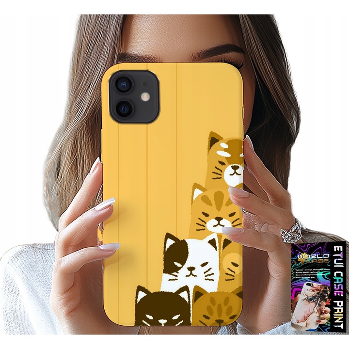 Husa pentru iPhone 13 Mini, World Case, cu pisici, silicon, set husa + sticlă