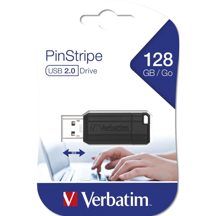 Флашка USB Verbatim FlashDrive Pinstripe, 128GB, USB 2.0, Черна