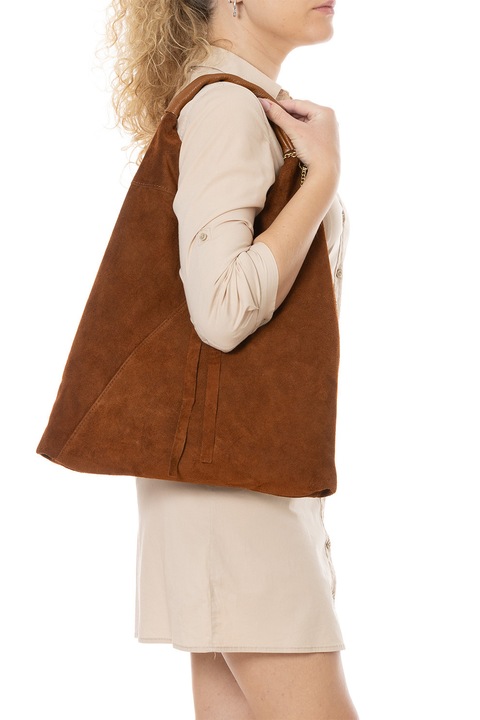 Anna Morellini, Geanta hobo din piele intoarsa cu etui interior, Maro scortisoara, Caramel