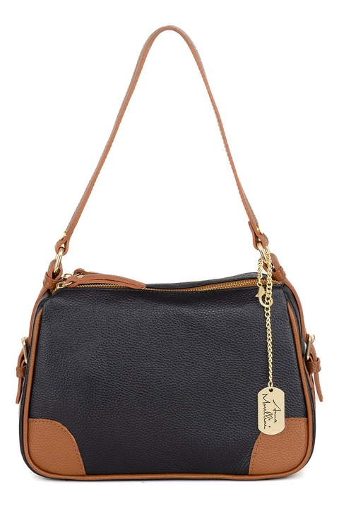 Anna Morellini, Кожена чанта с лого, Черен, Канелено кафяво