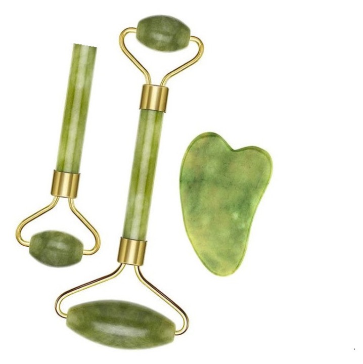Set de accesorii de masaj 3 în 1 - Pentru elasticitate, drenaj limfatic, tonifiere, luminozitate, anti-rid, față și corp, verde, rolă de jad, LRTM, piatră gua sha, rolă dublă de jad