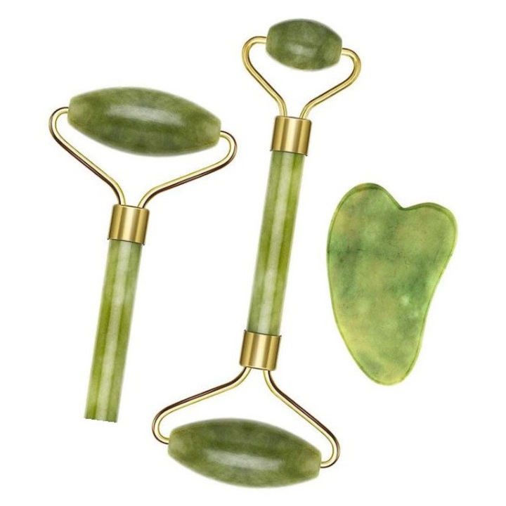 Масажен комплект LRTM BT, 3 части, За еластичност, лимфен дренаж, тонизиране, блясък, намаляване на бръчките, за лице и тяло, зелен, нефрит ролер, камък гуа ша, двоен нефрит ролер, зелен