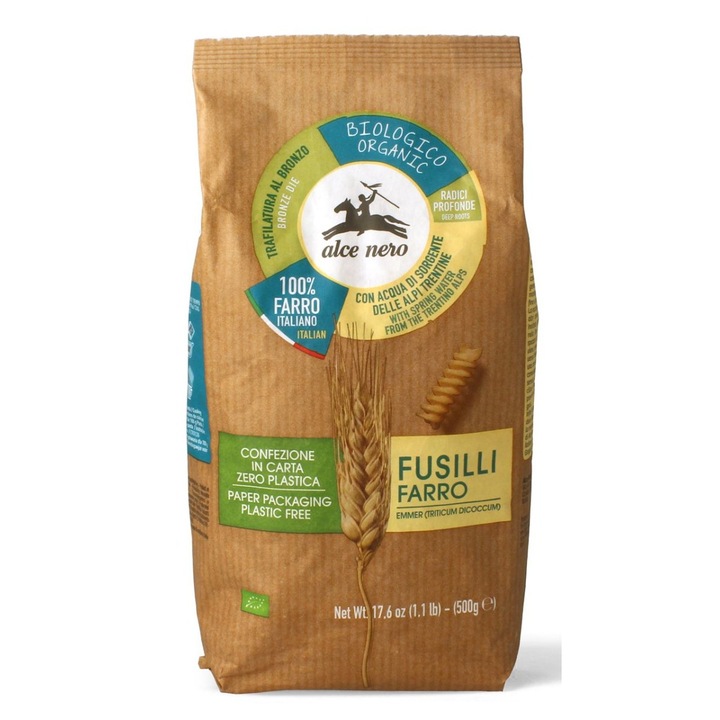 Fusilli BIO Alce Nero din faina de spelt, 500 g, gust de nuca, fara aditivi artificiali