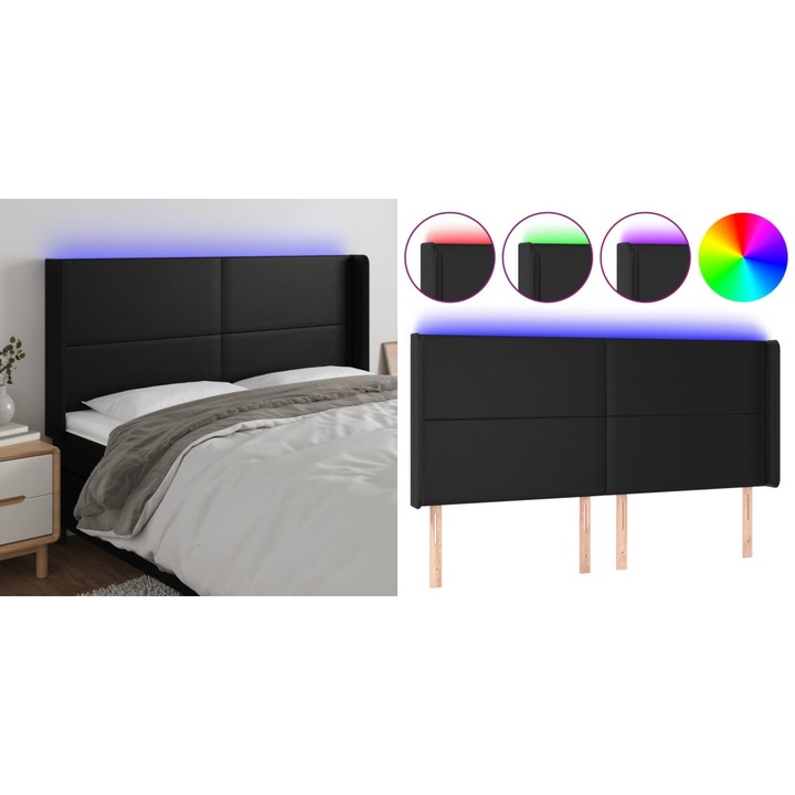 Tablie de pat cu LED, negru, 183x16x118/128 cm, piele ecologica