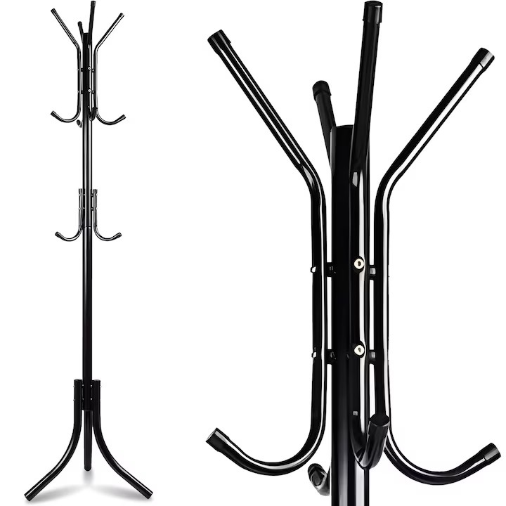 Cuier tip Pom eBA® cu Agatatoare, pentru Haine si Imbracaminte, Otel Robust, Inaltime 170cm, Tampoane Antialunecare de Cauciuc pe Picioare, Negru