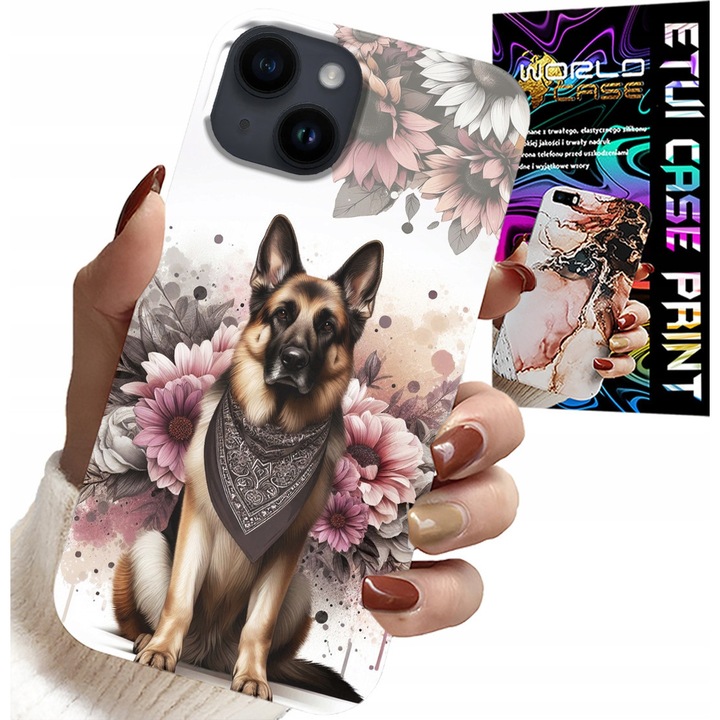 Tok iPhone 14-hez, World Case, német juhászkutya mintás, szilikon